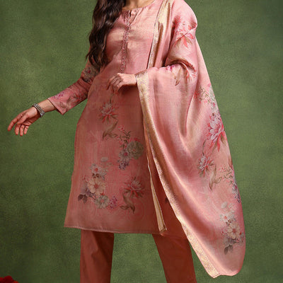 Pink Linen Blend Woven Design Straight Trouser Suit Set PKSKD2697