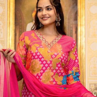 Pink Silk Blend Floral Printed Straight Suit Set With Trouser Bottom PKSKD2703