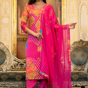 Pink Silk Blend Floral Printed Straight Suit Set With Trouser Bottom PKSKD2703