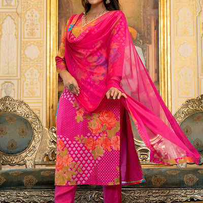 Pink Silk Blend Floral Printed Straight Suit Set With Trouser Bottom PKSKD2703