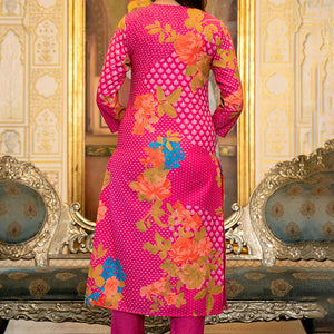 Pink Silk Blend Floral Printed Straight Suit Set With Trouser Bottom PKSKD2703