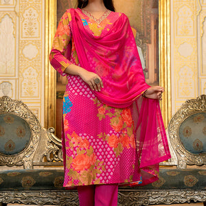 Pink Silk Blend Floral Printed Straight Suit Set With Trouser Bottom PKSKD2703