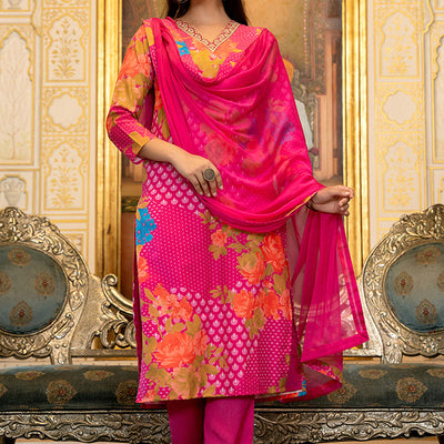 Pink Silk Blend Floral Printed Straight Suit Set With Trouser Bottom PKSKD2703