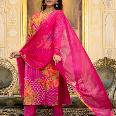 Pink Silk Blend Floral Printed Straight Suit Set With Trouser Bottom PKSKD2703