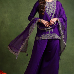 Purple Silk Blend Solid Embroidered Straight Palazzo Suit Set PKSKD2706