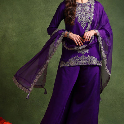 Purple Silk Blend Solid Embroidered Straight Palazzo Suit Set PKSKD2706