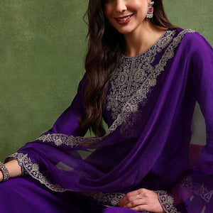 Purple Silk Blend Solid Embroidered Straight Palazzo Suit Set PKSKD2706