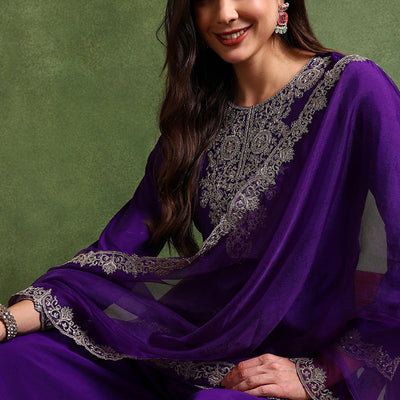 Purple Silk Blend Solid Embroidered Straight Palazzo Suit Set PKSKD2706
