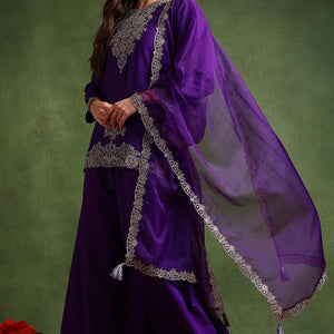 Purple Silk Blend Solid Embroidered Straight Palazzo Suit Set PKSKD2706
