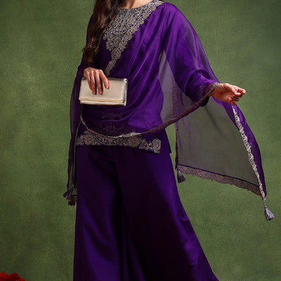 Purple Silk Blend Solid Embroidered Straight Palazzo Suit Set PKSKD2706