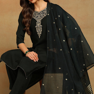 Green Chanderi Silk Solid Embroidered Straight Trousers Suit Set PKSKD2715