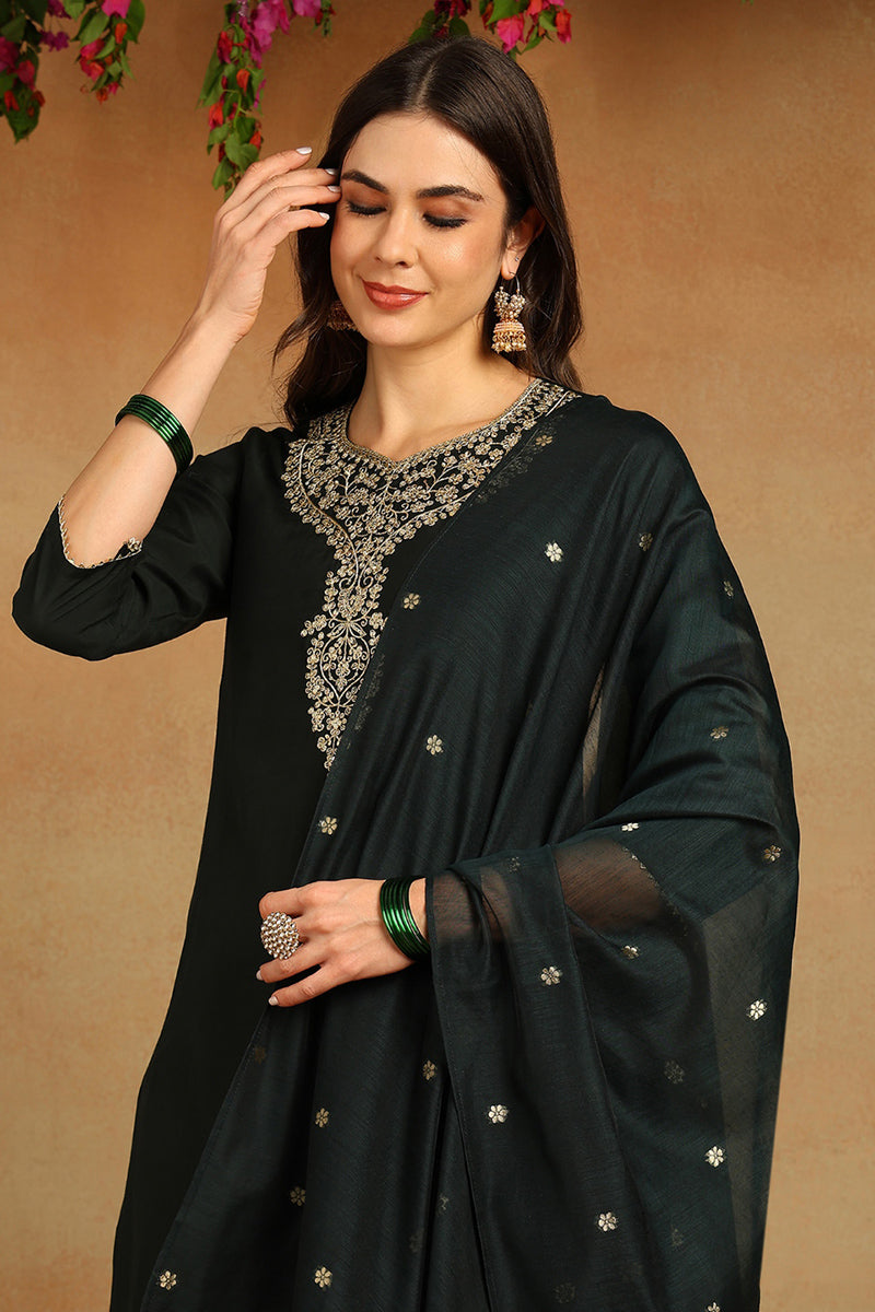 Green Chanderi Silk Solid Embroidered Straight Trousers Suit Set PKSKD2715