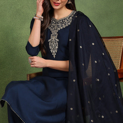 Navy Blue Silk Blend Solid Embroidered Straight Suit Set With Trouser Style Bottom PKSKD2718