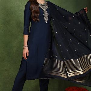Navy Blue Silk Blend Solid Embroidered Straight Suit Set With Trouser Style Bottom PKSKD2718