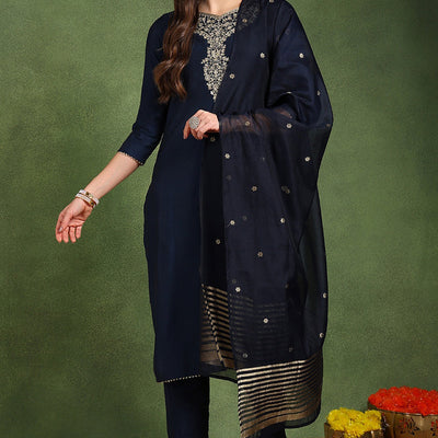 Navy Blue Silk Blend Solid Embroidered Straight Suit Set With Trouser Style Bottom PKSKD2718