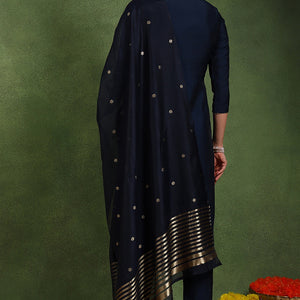Navy Blue Silk Blend Solid Embroidered Straight Suit Set With Trouser Style Bottom PKSKD2718