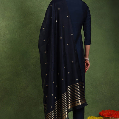 Navy Blue Silk Blend Solid Embroidered Straight Suit Set With Trouser Style Bottom PKSKD2718