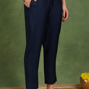 Navy Blue Silk Blend Solid Embroidered Straight Suit Set With Trouser Style Bottom PKSKD2718