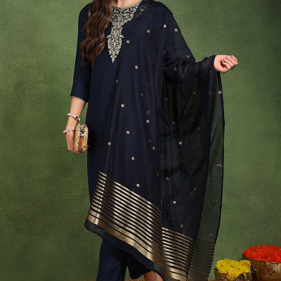 Navy Blue Silk Blend Solid Embroidered Straight Suit Set With Trouser Style Bottom PKSKD2718
