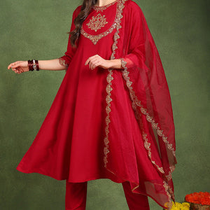 Pink Silk Blend Solid Embroidered Anarkali Suit Set With Trouser Style Bottom PKSKD2726