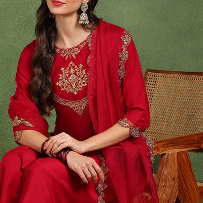 Pink Silk Blend Solid Embroidered Anarkali Suit Set With Trouser Style Bottom PKSKD2726