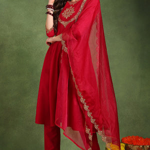 Pink Silk Blend Solid Embroidered Anarkali Suit Set With Trouser Style Bottom PKSKD2726