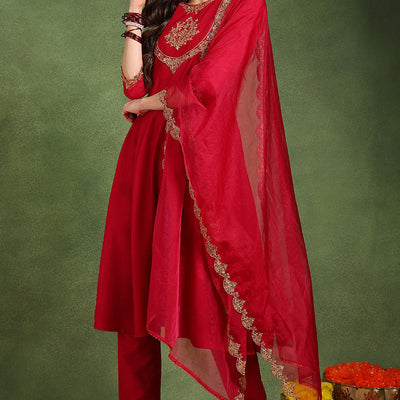 Pink Silk Blend Solid Embroidered Anarkali Suit Set With Trouser Style Bottom PKSKD2726