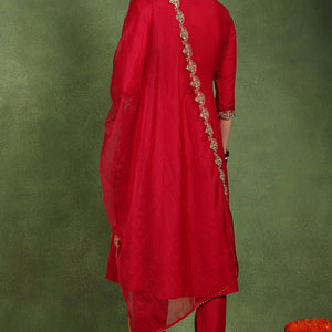 Pink Silk Blend Solid Embroidered Anarkali Suit Set With Trouser Style Bottom PKSKD2726