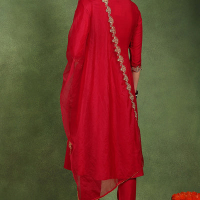 Pink Silk Blend Solid Embroidered Anarkali Suit Set With Trouser Style Bottom PKSKD2726