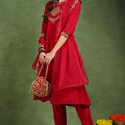 Pink Silk Blend Solid Embroidered Anarkali Suit Set With Trouser Style Bottom PKSKD2726