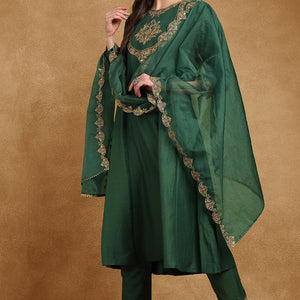 Green Silk Blend Solid Embroidered Anarkali Suit Set PKSKD2733