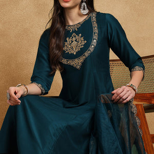 Teal Blue Silk Blend Solid Embroidered Anarkali Suit Set PKSKD2735