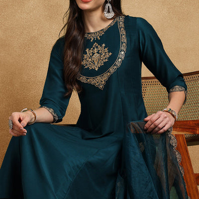 Teal Blue Silk Blend Solid Embroidered Anarkali Suit Set PKSKD2735