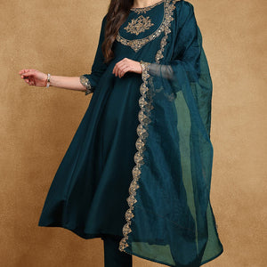Teal Blue Silk Blend Solid Embroidered Anarkali Suit Set PKSKD2735