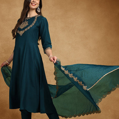 Teal Blue Silk Blend Solid Embroidered Anarkali Suit Set PKSKD2735