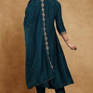 Teal Blue Silk Blend Solid Embroidered Anarkali Suit Set PKSKD2735