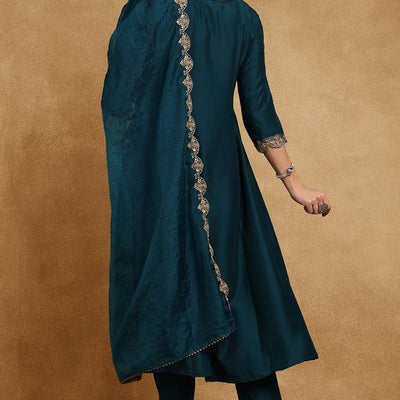 Teal Blue Silk Blend Solid Embroidered Anarkali Suit Set PKSKD2735
