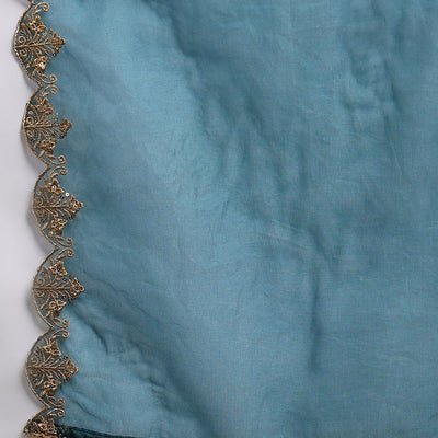 Teal Blue Silk Blend Solid Embroidered Anarkali Suit Set PKSKD2735