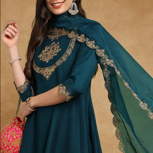 Teal Blue Silk Blend Solid Embroidered Anarkali Suit Set PKSKD2735