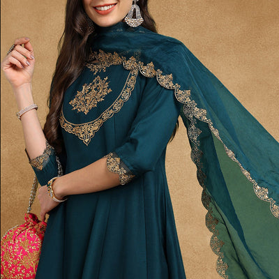 Teal Blue Silk Blend Solid Embroidered Anarkali Suit Set PKSKD2735