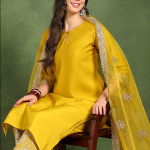 Yellow Silk Blend Solid Straight Suit Set With Palazzo Style Bottom PKSKD2742