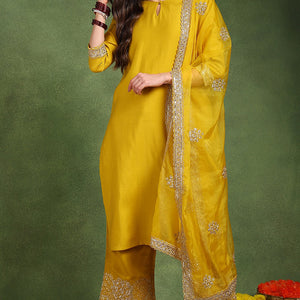 Yellow Silk Blend Solid Straight Suit Set With Palazzo Style Bottom PKSKD2742