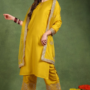 Yellow Silk Blend Solid Straight Suit Set With Palazzo Style Bottom PKSKD2742