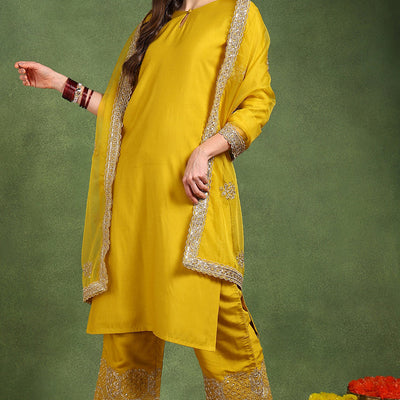 Yellow Silk Blend Solid Straight Suit Set With Palazzo Style Bottom PKSKD2742