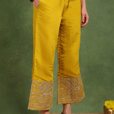 Yellow Silk Blend Solid Straight Suit Set With Palazzo Style Bottom PKSKD2742