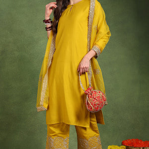 Yellow Silk Blend Solid Straight Suit Set With Palazzo Style Bottom PKSKD2742
