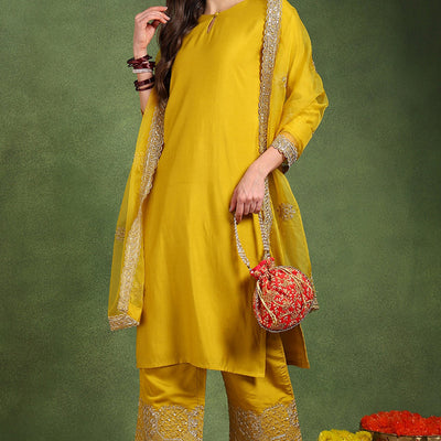 Yellow Silk Blend Solid Straight Suit Set With Palazzo Style Bottom PKSKD2742