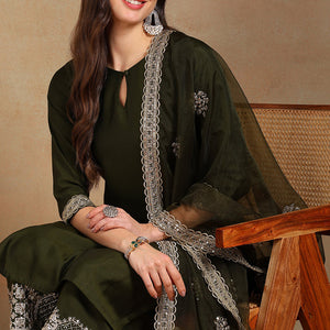 Olive Green Silk Blend Solid Straight Suit Set PKSKD2744