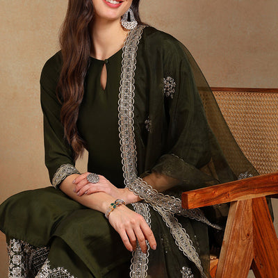 Olive Green Silk Blend Solid Straight Suit Set PKSKD2744