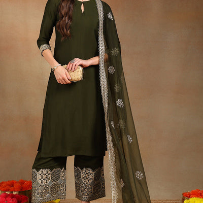 Olive Green Silk Blend Solid Straight Suit Set PKSKD2744